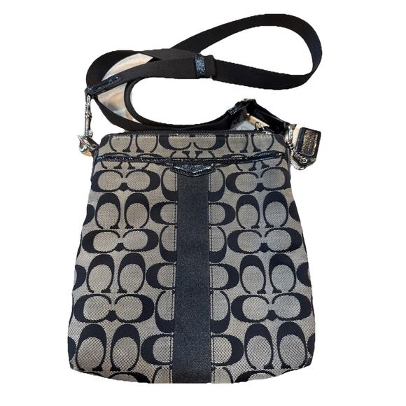 COACH Black Signature North/South Cross Body HandBag Black And Brown - Picture 1 of 3